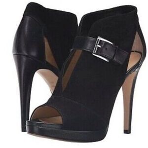Michael Kors Isabella black suede leather peep toe heeled ankle booties NWOT